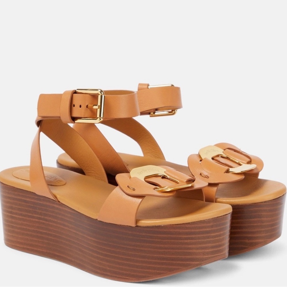 SEE BY CHLOE - Womens Leather Buckle Platform Sandals - Lamb Chany Wedge